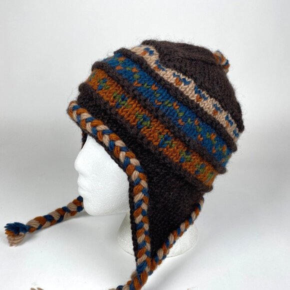 Turtle Fur Wool Knit Hat Ear Flaps Lined Tassels Winter Ski Handmade in Nepal - Picture 1 of 8